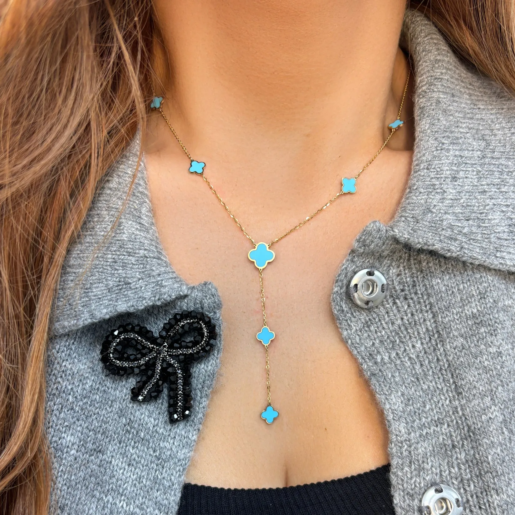 Turquoise Clover Station Lariat Necklace