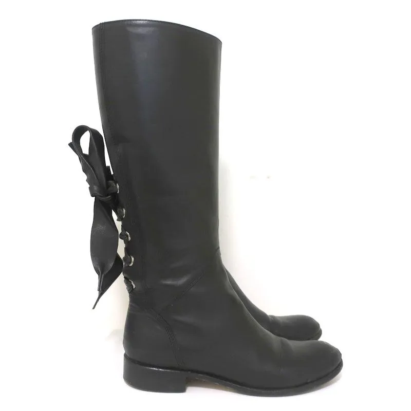 Valentino Ascot Ribbon Lace-Up Riding Boots Black Leather Size 39 Knee High Flat