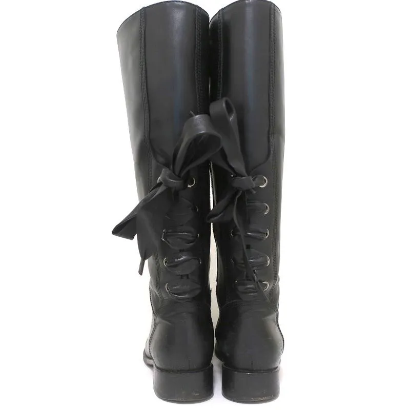 Valentino Ascot Ribbon Lace-Up Riding Boots Black Leather Size 39 Knee High Flat