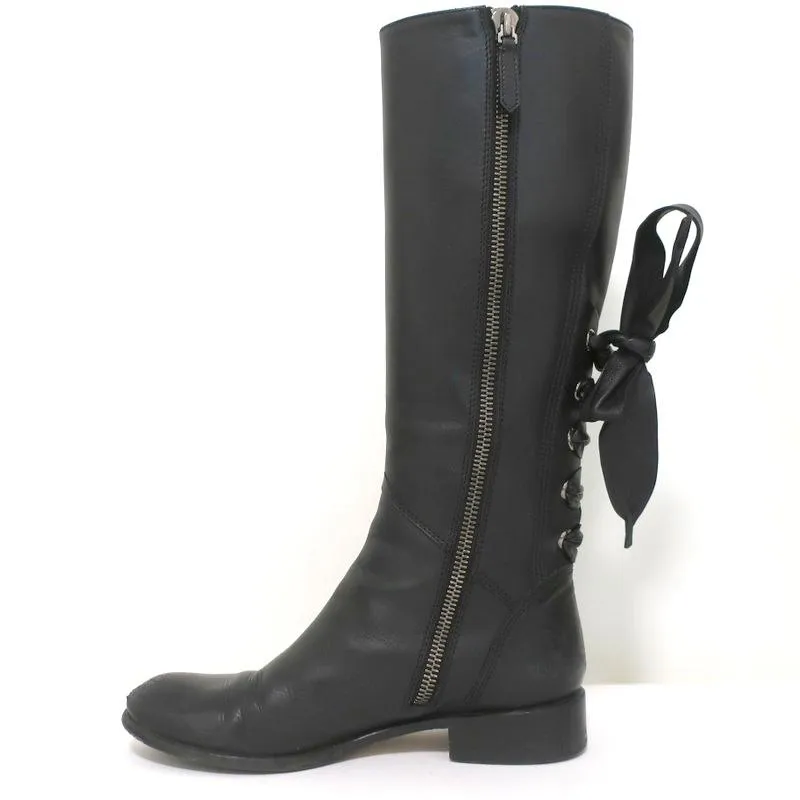 Valentino Ascot Ribbon Lace-Up Riding Boots Black Leather Size 39 Knee High Flat