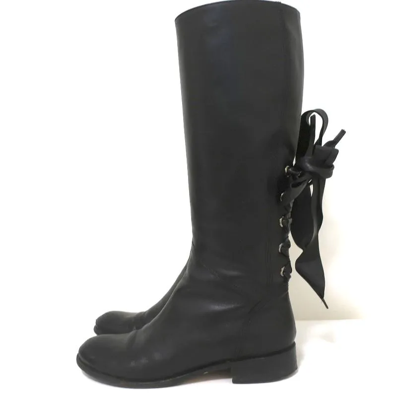 Valentino Ascot Ribbon Lace-Up Riding Boots Black Leather Size 39 Knee High Flat
