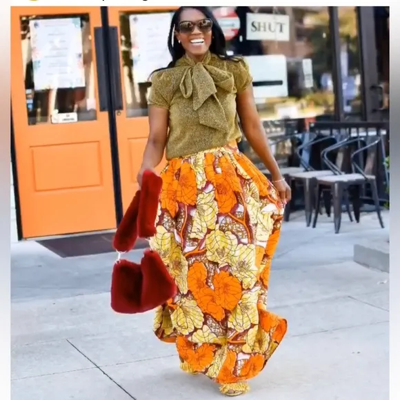 Vibrant Orange &amp; Yellow Floral Maxi Skirt – Grassfields – Size US 6 / UK 10