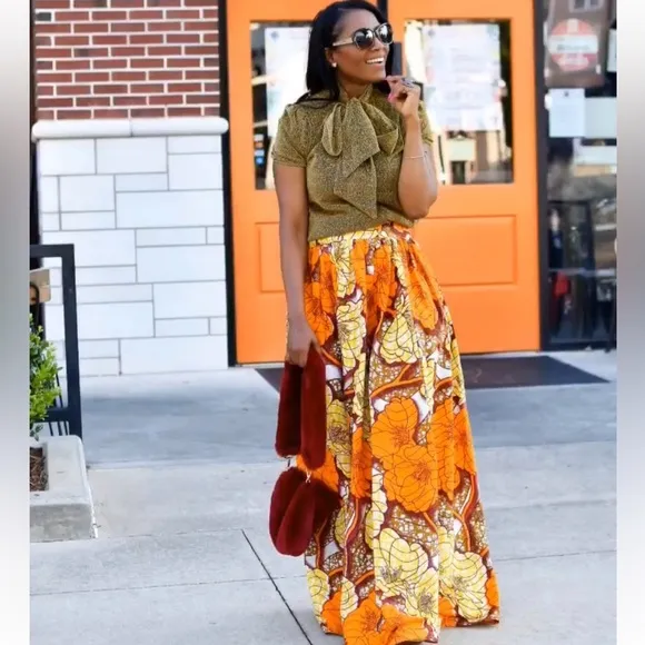 Vibrant Orange &amp; Yellow Floral Maxi Skirt – Grassfields – Size US 6 / UK 10
