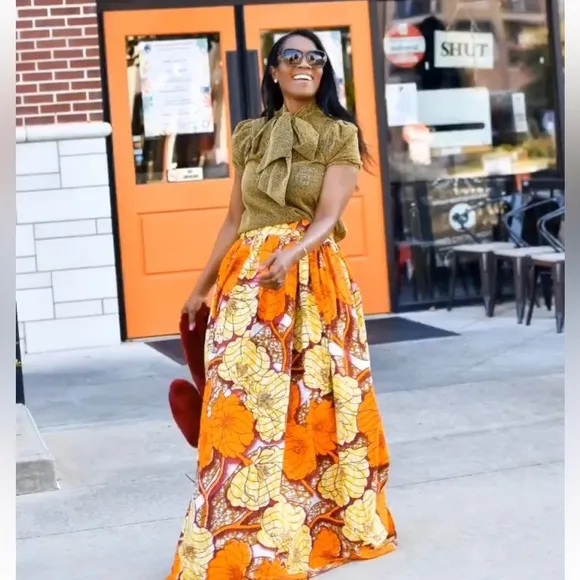 Vibrant Orange &amp; Yellow Floral Maxi Skirt – Grassfields – Size US 6 / UK 10