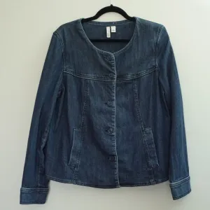 Vintage Collarless Blue Jean Denim Button up Shacket Blazer Jacket Womens Size L
