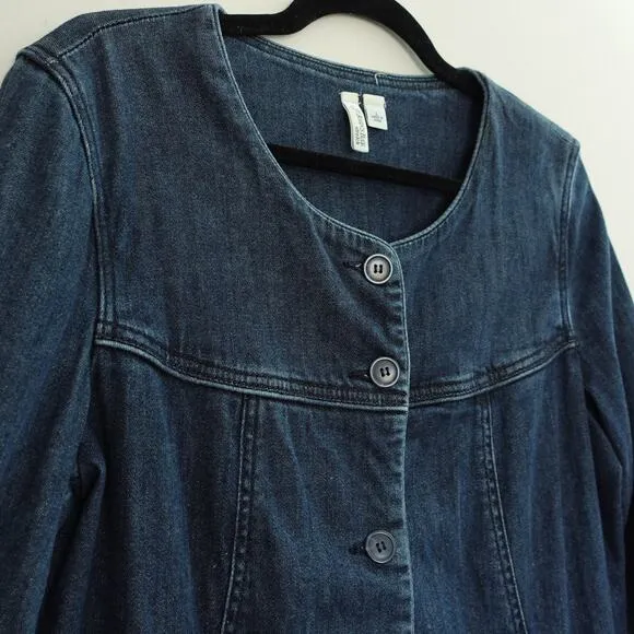 Vintage Collarless Blue Jean Denim Button up Shacket Blazer Jacket Womens Size L
