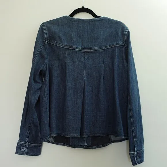 Vintage Collarless Blue Jean Denim Button up Shacket Blazer Jacket Womens Size L