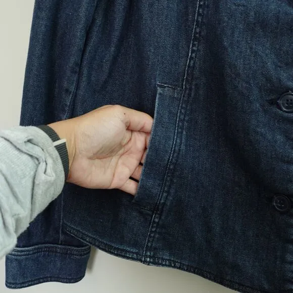 Vintage Collarless Blue Jean Denim Button up Shacket Blazer Jacket Womens Size L