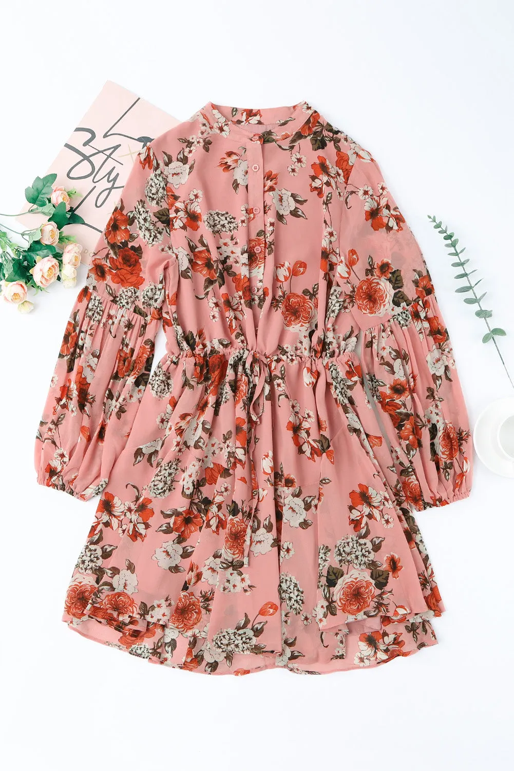 Vintage Floral Print Drawstring Flowy Dress