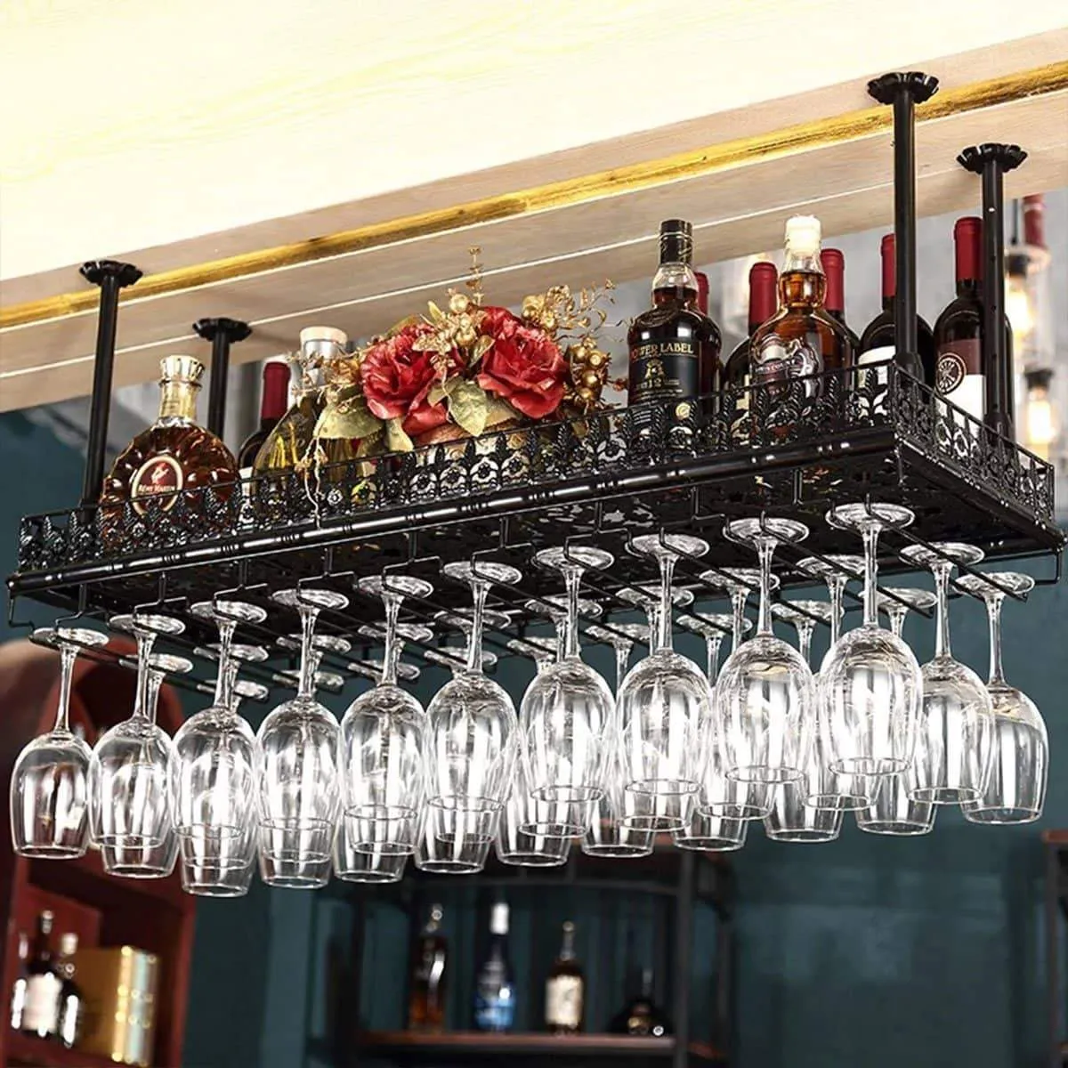 Warm Van Industrial Metal Vintage Bar Wall-Mounted Wine Racks,Wine Glass Hanging Rack,Under Cabinet Cup Shelf,Restaurant Cafe Kitchen Organization and Storage Shelve(Black, 47.2''L)