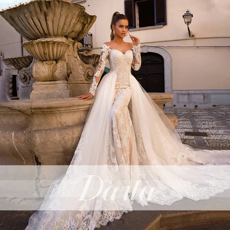 Wedding Dresses Long Sleeve Detachable Train 2 In 1 Lace Wedding Gowns
