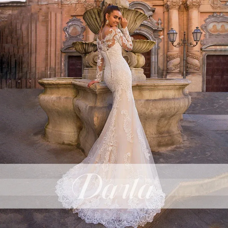 Wedding Dresses Long Sleeve Detachable Train 2 In 1 Lace Wedding Gowns