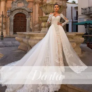 Wedding Dresses Long Sleeve Detachable Train 2 In 1 Lace Wedding Gowns