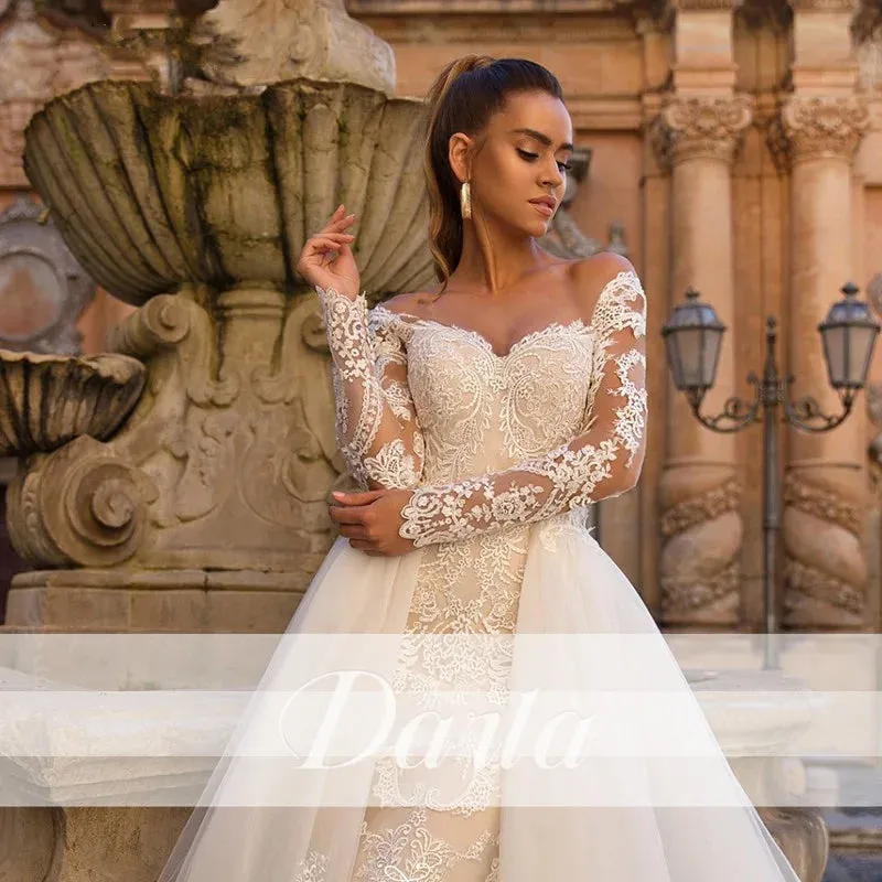 Wedding Dresses Long Sleeve Detachable Train 2 In 1 Lace Wedding Gowns