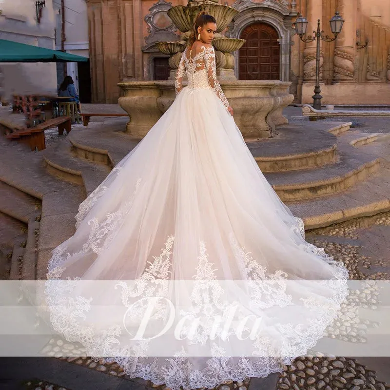 Wedding Dresses Long Sleeve Detachable Train 2 In 1 Lace Wedding Gowns