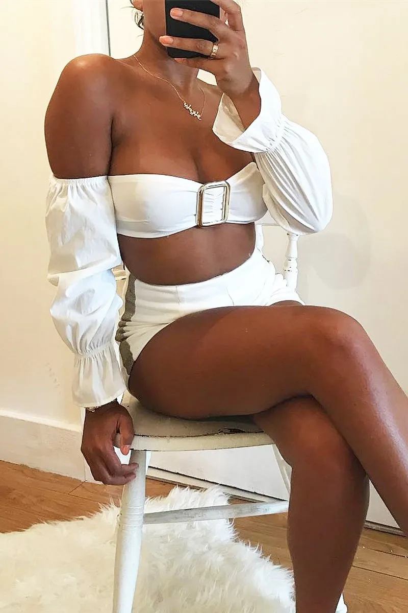 White Buckle Front Extreme Bardot Crop Top - Theora