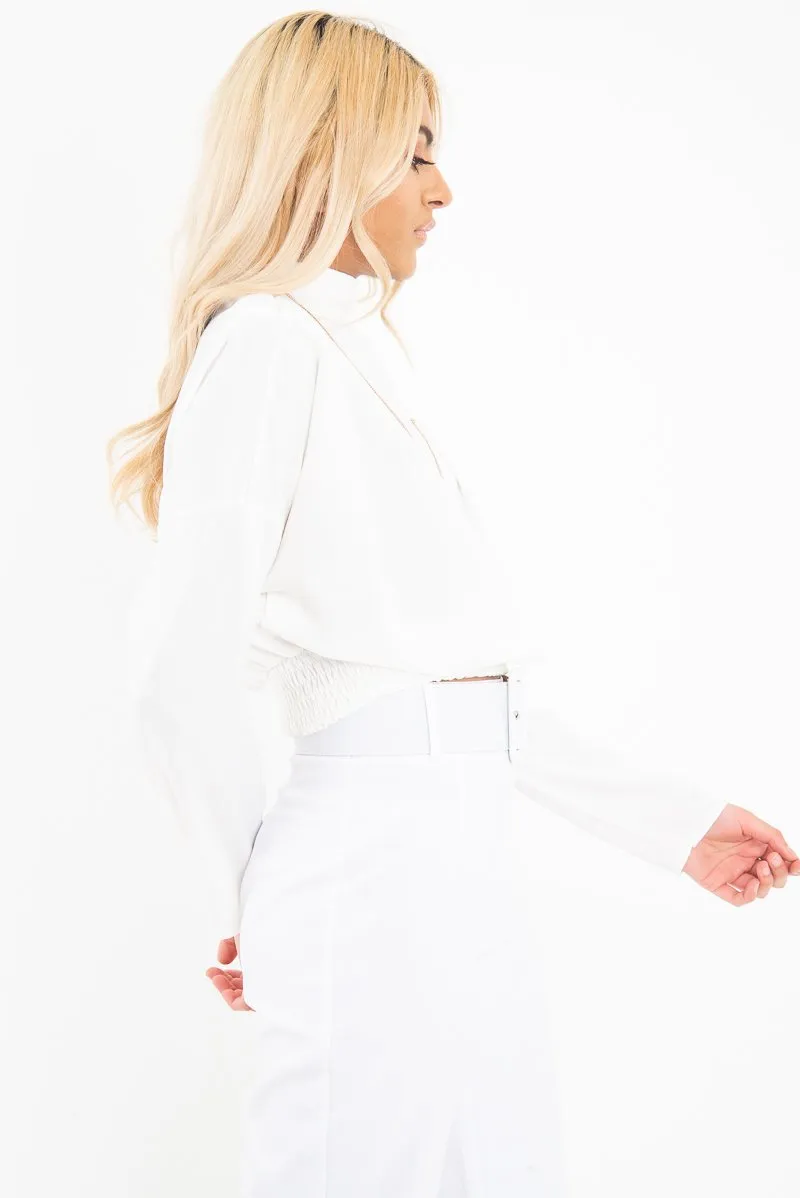 White Satin Shoulder Pad Shirred Waist Blouse - Farida