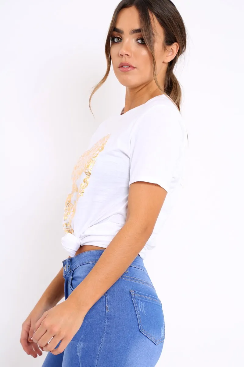 White Tshirt with Gold Skull Print - Brook