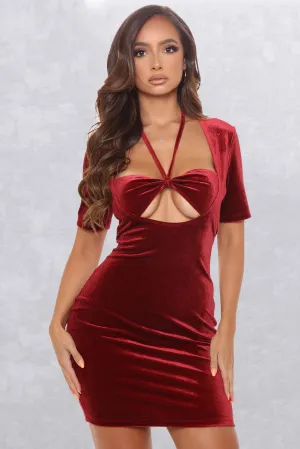 Wine Halter Hollow-out Bust Christmas Party Velvet Mini Dress
