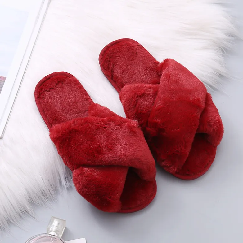 Winter Women Home Slippers with Faux Fur Fashion Warm Shoes Woman Slip on Flats Female Slides Black Pink Plus Size