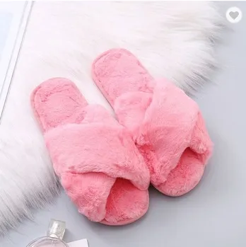 Winter Women Home Slippers with Faux Fur Fashion Warm Shoes Woman Slip on Flats Female Slides Black Pink Plus Size