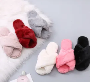 Winter Women Home Slippers with Faux Fur Fashion Warm Shoes Woman Slip on Flats Female Slides Black Pink Plus Size