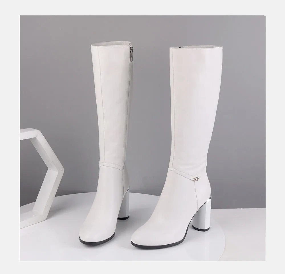 Winter Women's Boots Cow Leather Knee-High Round Toe Fashion High Round Heels Shoes Metal Decoration Zipper Boots BA7