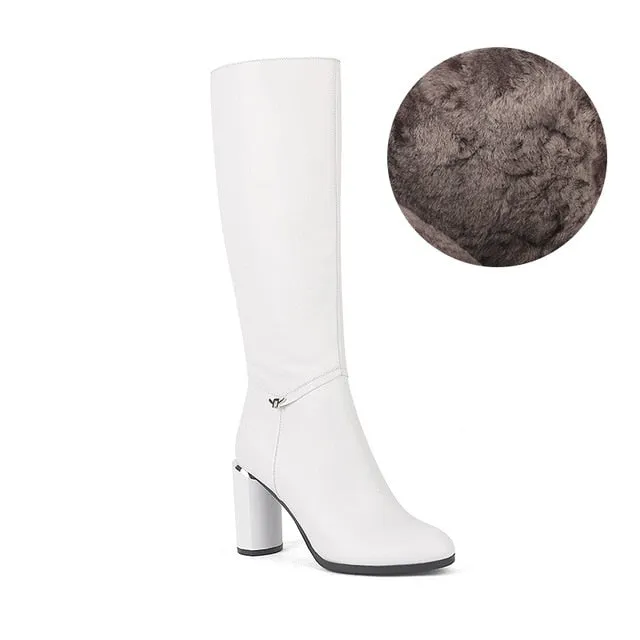 Winter Women's Boots Cow Leather Knee-High Round Toe Fashion High Round Heels Shoes Metal Decoration Zipper Boots BA7
