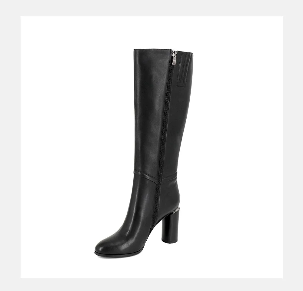 Winter Women's Boots Cow Leather Knee-High Round Toe Fashion High Round Heels Shoes Metal Decoration Zipper Boots BA7