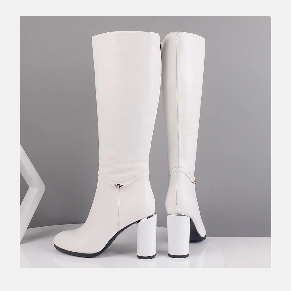 Winter Women's Boots Cow Leather Knee-High Round Toe Fashion High Round Heels Shoes Metal Decoration Zipper Boots BA7