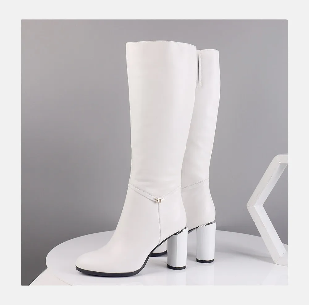 Winter Women's Boots Cow Leather Knee-High Round Toe Fashion High Round Heels Shoes Metal Decoration Zipper Boots BA7