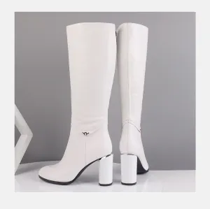 Winter Women's Boots Cow Leather Knee-High Round Toe Fashion High Round Heels Shoes Metal Decoration Zipper Boots BA7