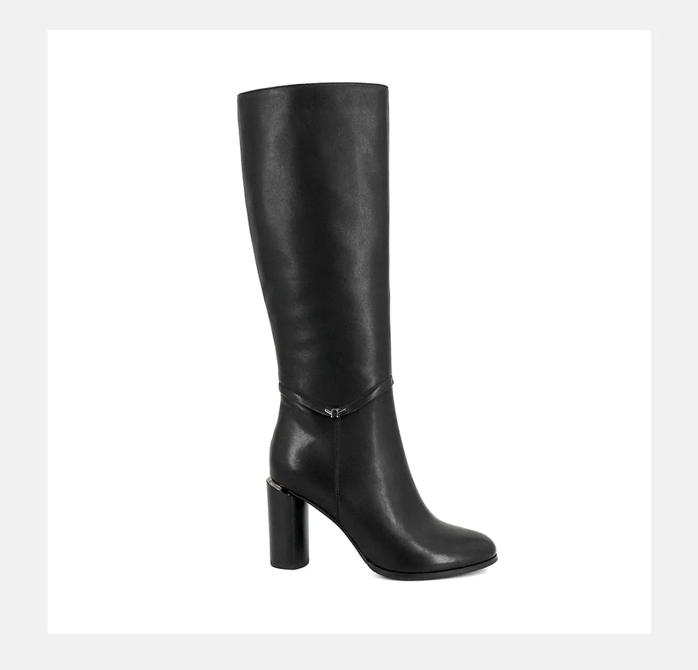 Winter Women's Boots Cow Leather Knee-High Round Toe Fashion High Round Heels Shoes Metal Decoration Zipper Boots BA7