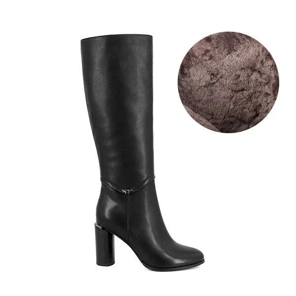 Winter Women's Boots Cow Leather Knee-High Round Toe Fashion High Round Heels Shoes Metal Decoration Zipper Boots BA7