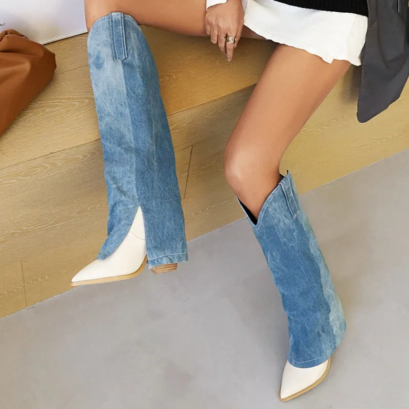 Women Blue jeans Boots Knee High Boots Pointed Toe chunky Heels