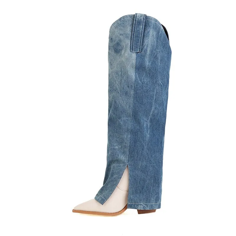 Women Blue jeans Boots Knee High Boots Pointed Toe chunky Heels