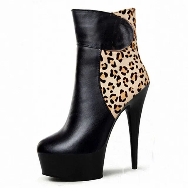 Women Sexy leopard print low - cut short boots 15cm high