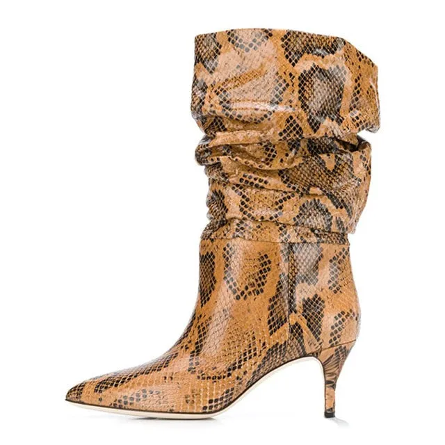 Women Snakeskin Print Pleated Stiletto Les Bottes Basses Punk Girl Pointed Toe Slip On Patchwork Sexy Motorcycle Boots