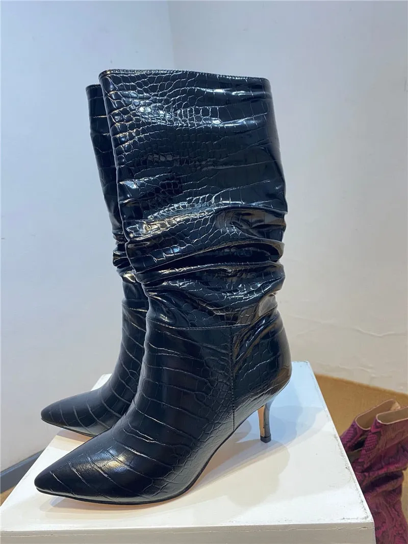 Women Snakeskin Print Pleated Stiletto Les Bottes Basses Punk Girl Pointed Toe Slip On Patchwork Sexy Motorcycle Boots