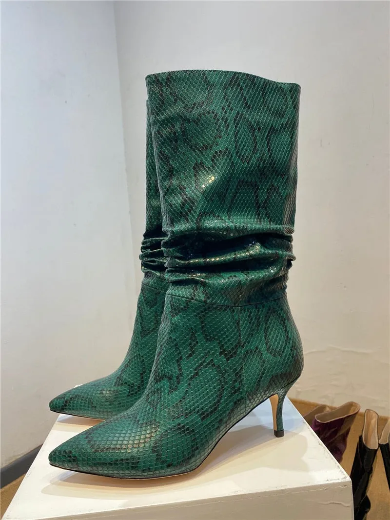Women Snakeskin Print Pleated Stiletto Les Bottes Basses Punk Girl Pointed Toe Slip On Patchwork Sexy Motorcycle Boots