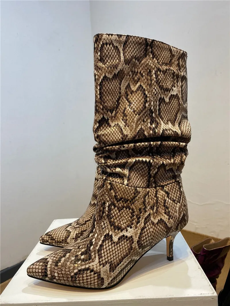 Women Snakeskin Print Pleated Stiletto Les Bottes Basses Punk Girl Pointed Toe Slip On Patchwork Sexy Motorcycle Boots