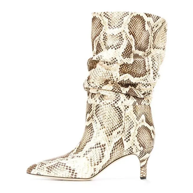 Women Snakeskin Print Pleated Stiletto Les Bottes Basses Punk Girl Pointed Toe Slip On Patchwork Sexy Motorcycle Boots