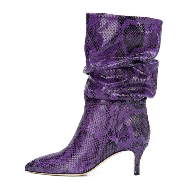 Women Snakeskin Print Pleated Stiletto Les Bottes Basses Punk Girl Pointed Toe Slip On Patchwork Sexy Motorcycle Boots