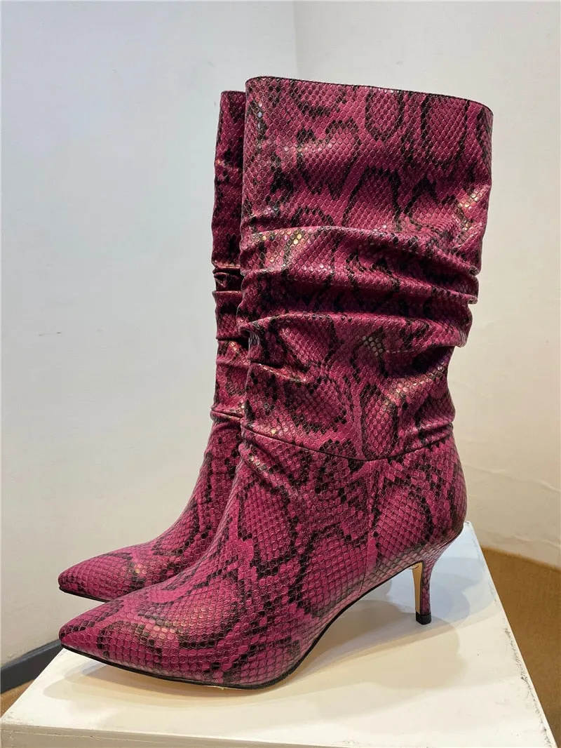 Women Snakeskin Print Pleated Stiletto Les Bottes Basses Punk Girl Pointed Toe Slip On Patchwork Sexy Motorcycle Boots