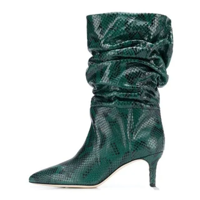 Women Snakeskin Print Pleated Stiletto Les Bottes Basses Punk Girl Pointed Toe Slip On Patchwork Sexy Motorcycle Boots