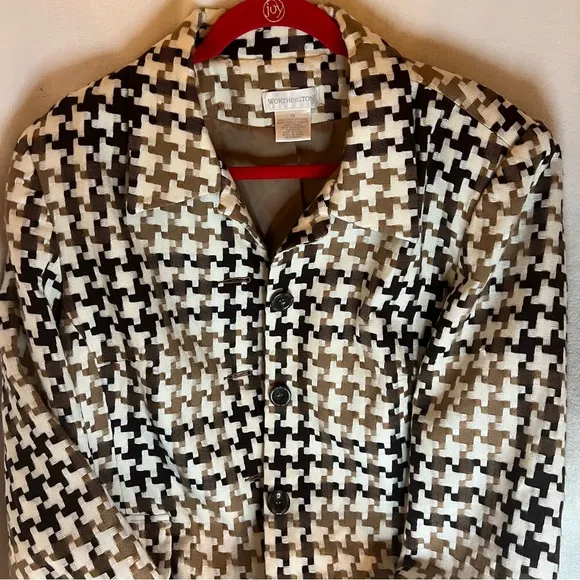 Worthington Jacket Mini Trench Style Cream/Brown Houndstooth Tailored Sz 10