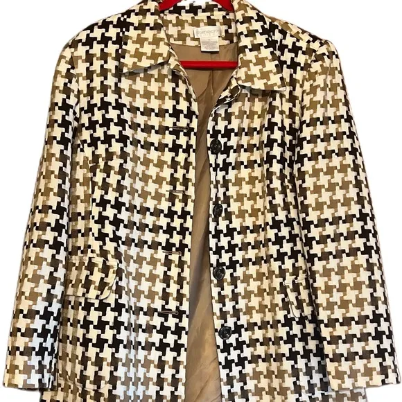 Worthington Jacket Mini Trench Style Cream/Brown Houndstooth Tailored Sz 10