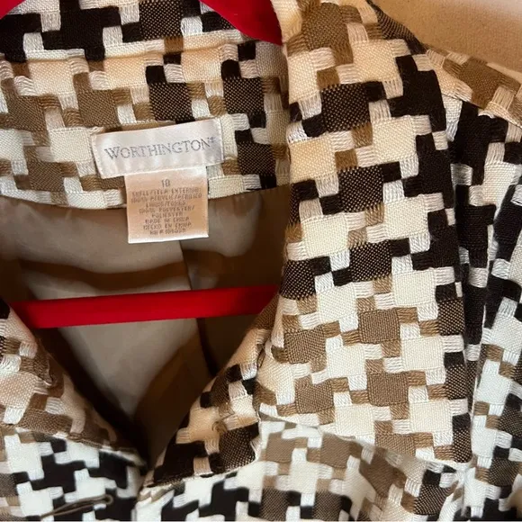 Worthington Jacket Mini Trench Style Cream/Brown Houndstooth Tailored Sz 10
