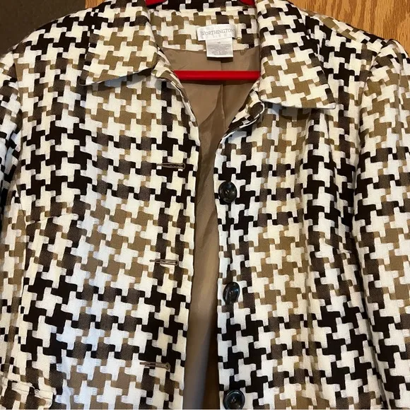 Worthington Jacket Mini Trench Style Cream/Brown Houndstooth Tailored Sz 10