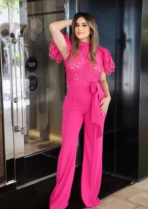 YANET FUCHSIA LACE HIGH-NECK JUMPSUIT – ELEGANT WIDE-LEG ONE-PIECE FOR SPECIAL OCCASIONS